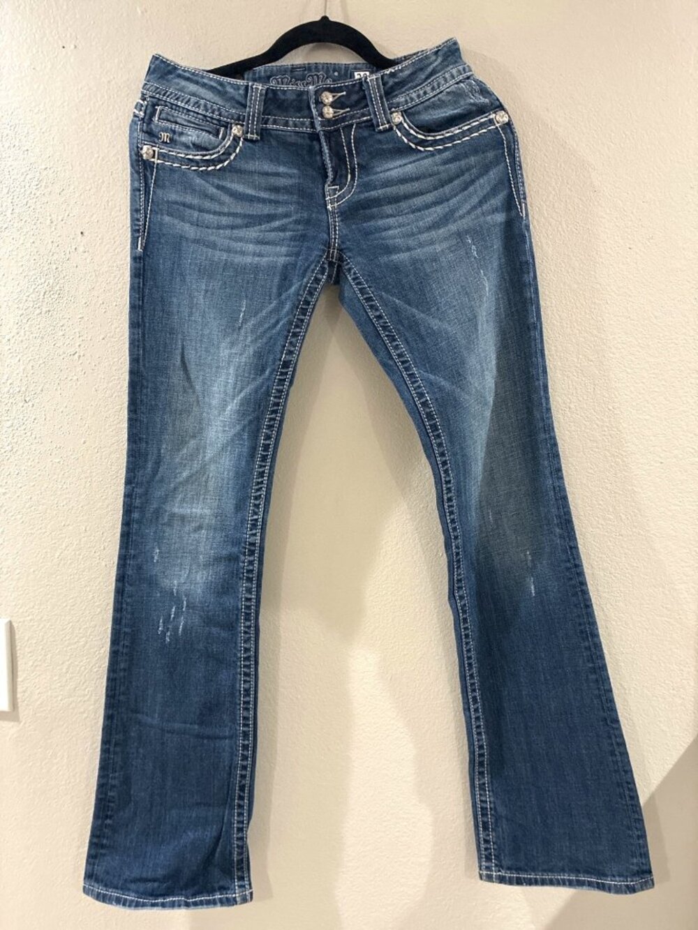 Miss Me bootcut jeans embellished cross-stitched pockets with rhinestones